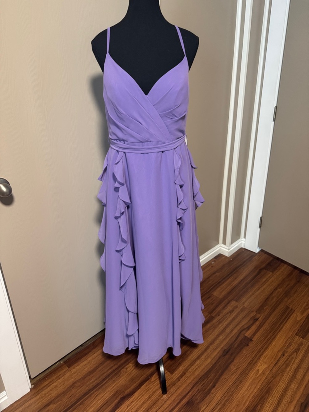 Azazie Lavender Ruffle-Trim Wrap Maxi Dress with Spaghetti Straps